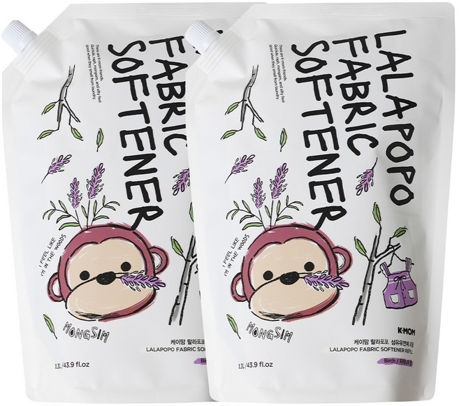 케이맘 랄라포포 유아용 섬유유연제 자작나무향 리필, 1.3L, 2개