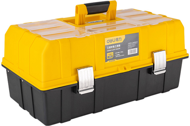 델리툴즈 휴대용 플라스틱 듀얼 레이어 스토리지 공구 보관 툴박스 블랙 옐로우 DL432117, 1개