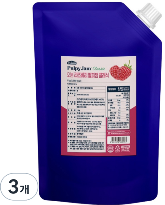오붐 라즈베리 펄피잼 클래식, 1kg, 3개