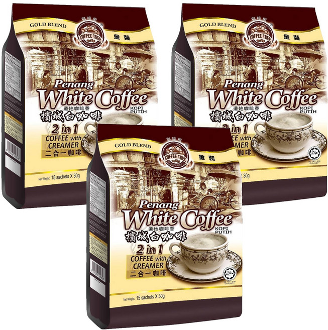 COFFEE TREE 咖啡樹 牌金裝檳城白咖啡 二合一 咖啡和奶精, 30g, 15包, 3袋