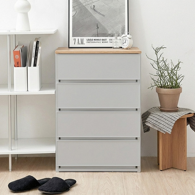 코멧 폭 넓은 우드상판 모던 서랍장, 그레이, 4단