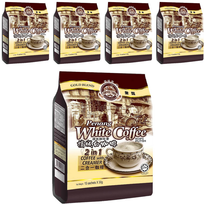 COFFEE TREE 咖啡樹 牌金裝檳城白咖啡 二合一 咖啡和奶精, 30g, 15包, 5袋