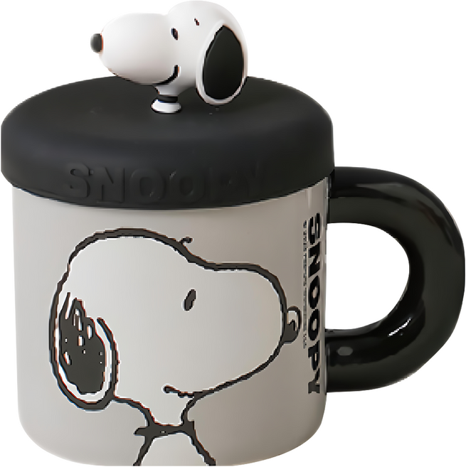 PEANUTS 史努比 陶瓷馬克杯 含公仔杯蓋, 黑色, 1個