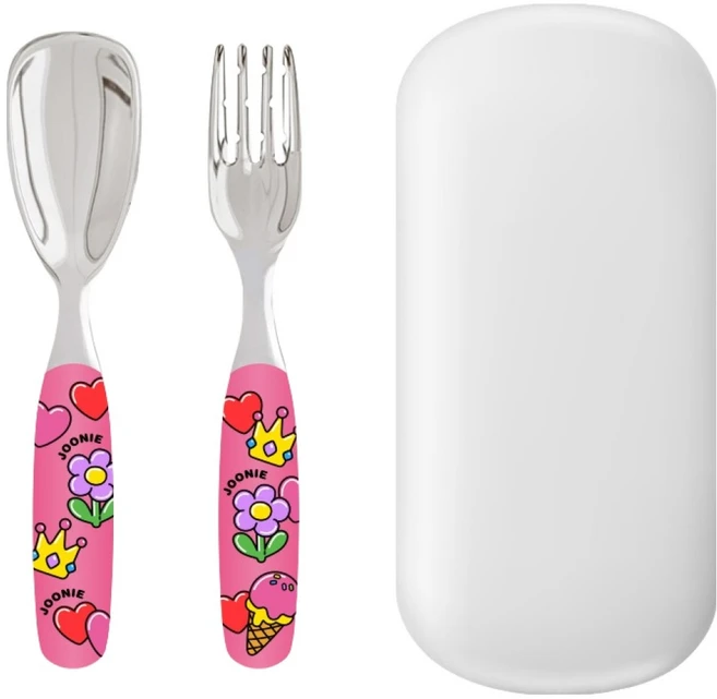 주니 유아용 올스테인레스 스푼 + 포크 + 케이스 세트, 핑크, 1세트 - 쿠팡