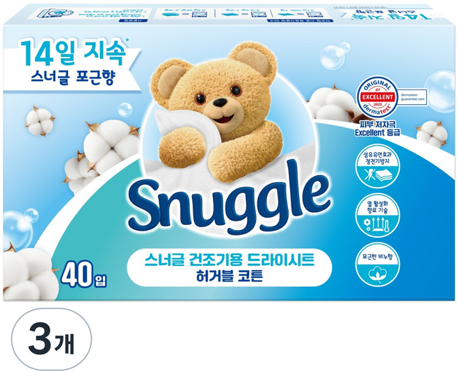 스너글 건조기용 드라이시트 허거블 코튼, 40개입, 3개