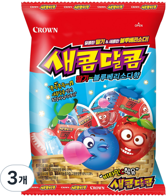 크라운 새콤달콤 딸기 블루베리소다, 200g, 3개