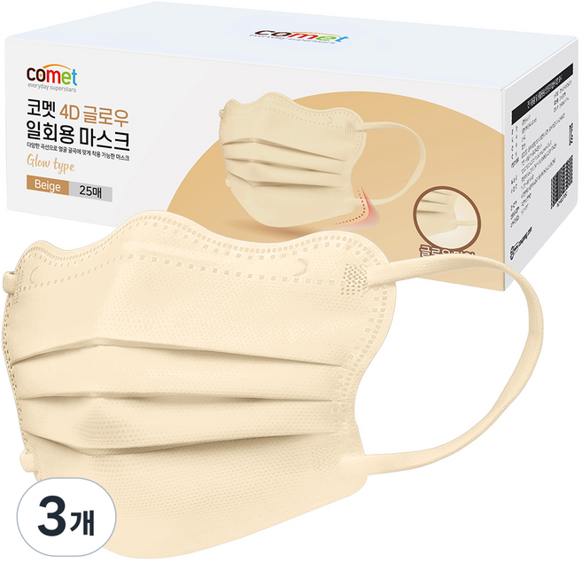 코멧 날카롭고 각진 얼굴형을 보완 해주는 4D 글로우 일회용 마스크 개별포장 중형, 1개입, 75개, 베이지