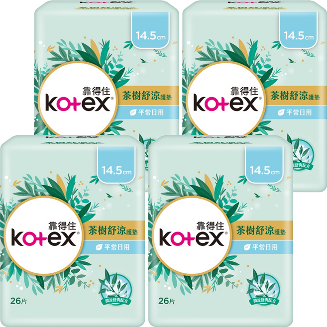 Kotex 靠得住 茶樹舒涼護墊, 14.5cm, 26片, 4包