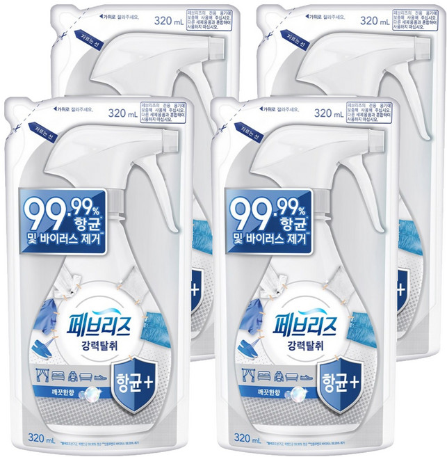페브리즈 섬유 탈취제 깨끗한 향 리필, 320ml, 4개