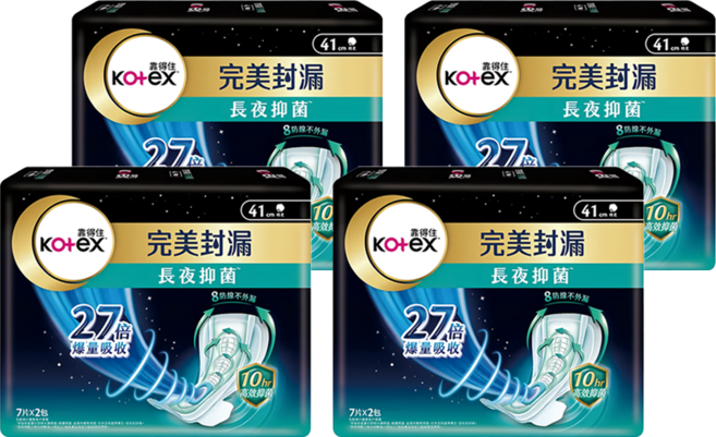 Kotex 靠得住 完美封漏 長夜抑菌 棉柔系列 衛生棉, 夜用型(41cm), 14片, 4包
