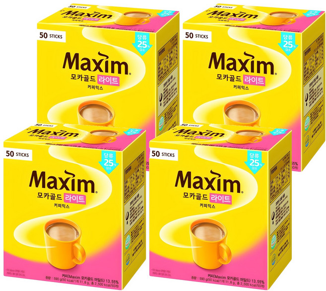Maxim 麥心 摩卡減糖經典三合一咖啡, 11.8g, 50包, 4盒