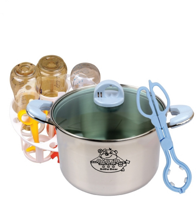 스노우베어 하모니 스테인레스 소독기 + 젖병홀더 + 젖병집게 3종 세트, 블루 + 실버