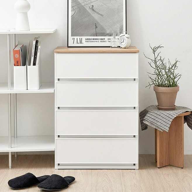 코멧 폭 넓은 우드상판 모던 서랍장, 화이트, 4단