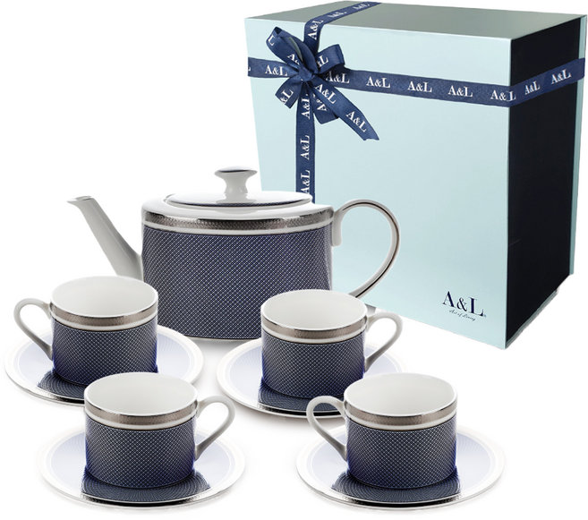 A&L 骨瓷杯壺禮盒組 40%骨粉 德國原裝進口賀利氏浮雕金, 茶壺 + 茶杯4個, 王者寶藍, 1盒