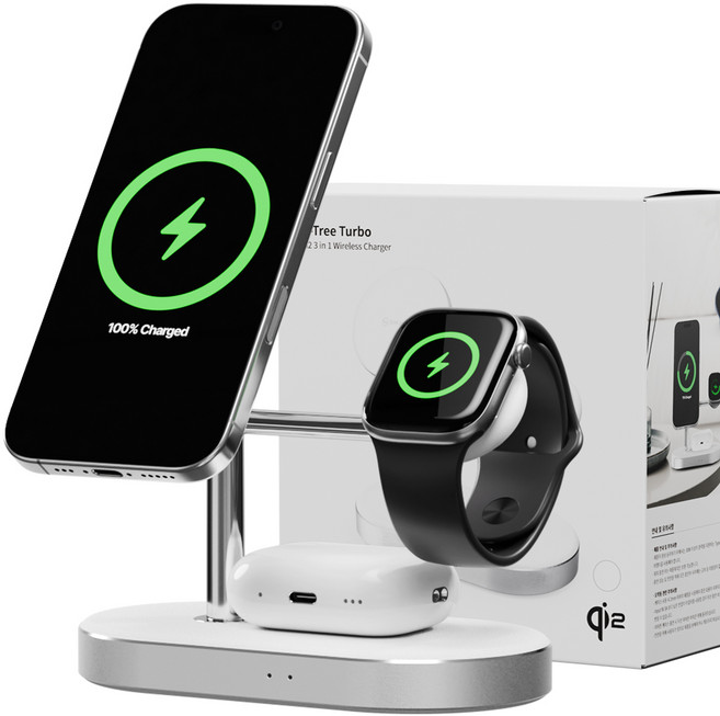 신지모루 Qi2 3in1 M-트리 터보 맥세이프 초고속 무선충전 아이폰 애플워치 거치대, 화이트, 1개