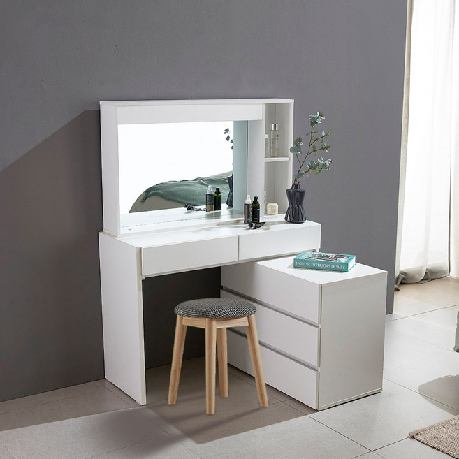 파로마 클레오 풀세트 익스텐션 LED 화장대 + 원목 스툴 세트 방문설치, 화이트(화장대), 트위트블랙(스툴)