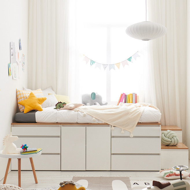 꿈꾸는요셉 스키니 수납침대 수납장 + 서랍장 2p + 계단세트 방문설치, 화이트 + 오크