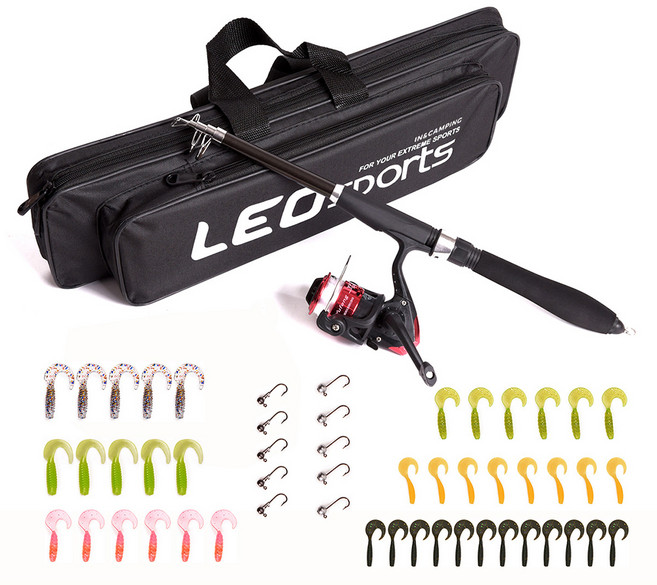 인앤캠핑 입문용 루어 낚시대 + 가방 + 릴 + 리드 후크 10p + 소프트미끼 42p 세트, 블랙