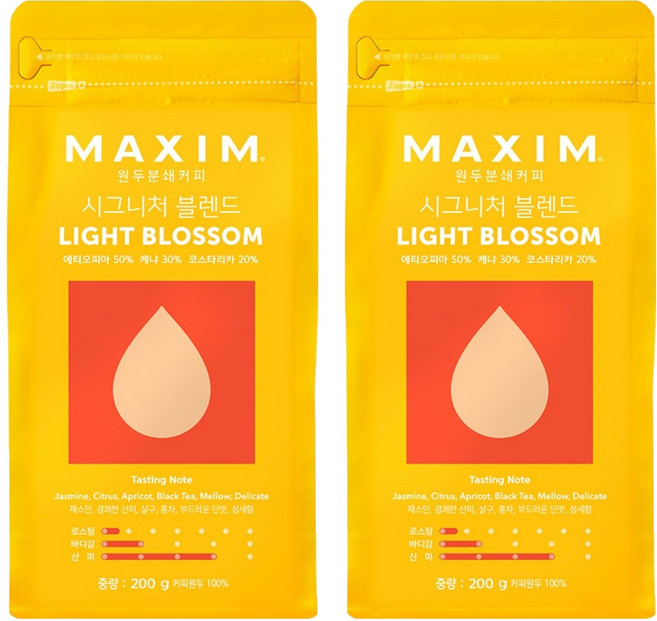 맥심 원두분쇄커피 시그니처 블렌드 라이트 블로섬, 커피메이커, 200g, 2개