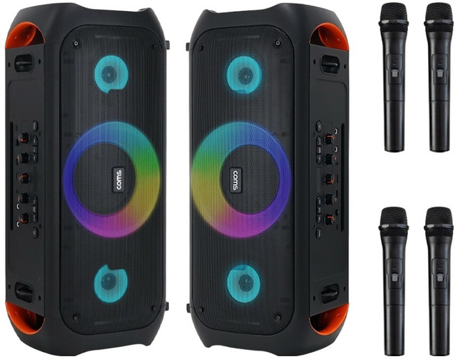 컴스 블루투스 스피커 앰프 무선 마이크 최대 140W 노래방 버스킹, 블랙, COM8082