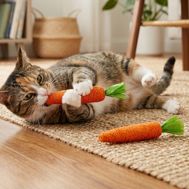 둥둥펫 고양이 이갈이 스크래쳐 로프 당근 장난감, 혼합색상, 2개