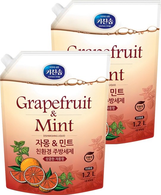 키친솝 자몽 앤 민트 친환경 주방세제, 1.2L, 2개