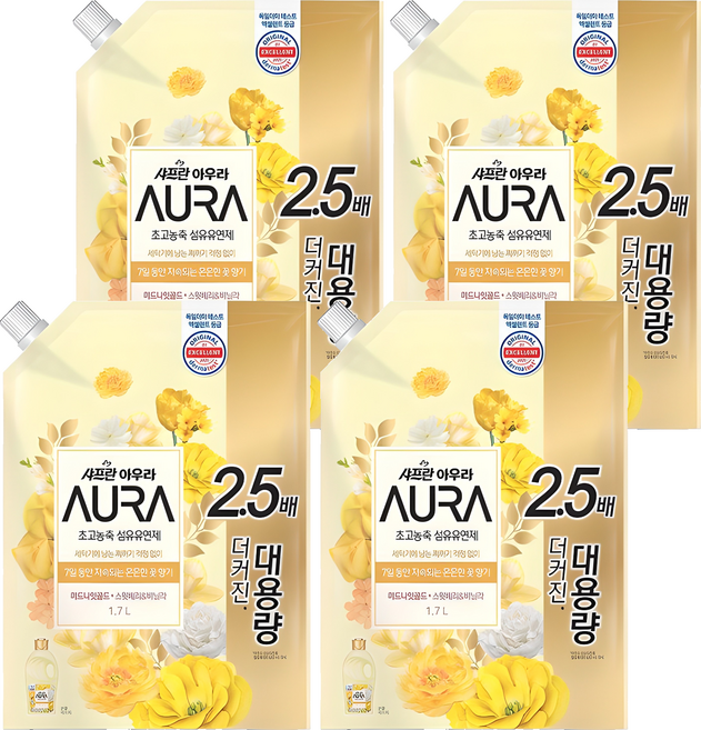 아우라 섬유유연제 미드나잇 골드 알파 리필, 1.7L, 4개