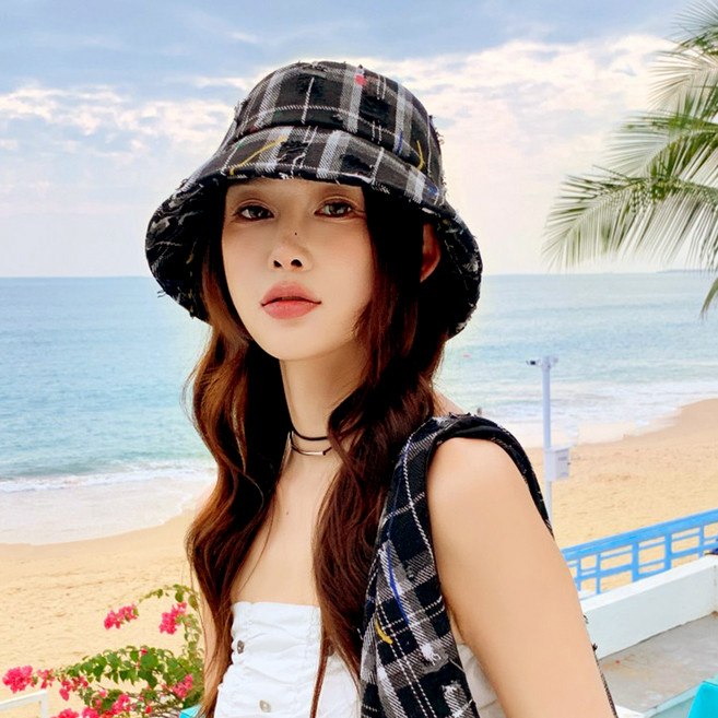 페이퍼먼츠 페인팅 빈티지 해짐 체크 버킷햇 10306