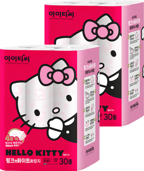 ITC 헬로키티 핑크앤화이트 천연펄프 4겹 화장지, 20m, 30개입, 2개