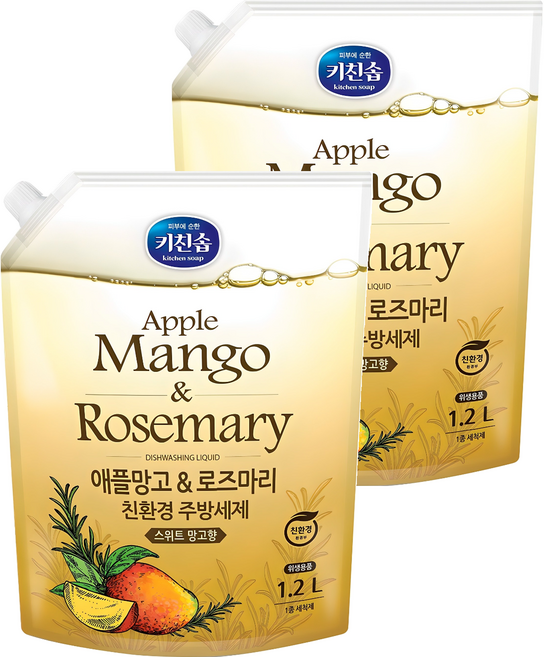 키친솝 애플망고 앤 로즈마리 친환경 주방세제, 1.2L, 2개