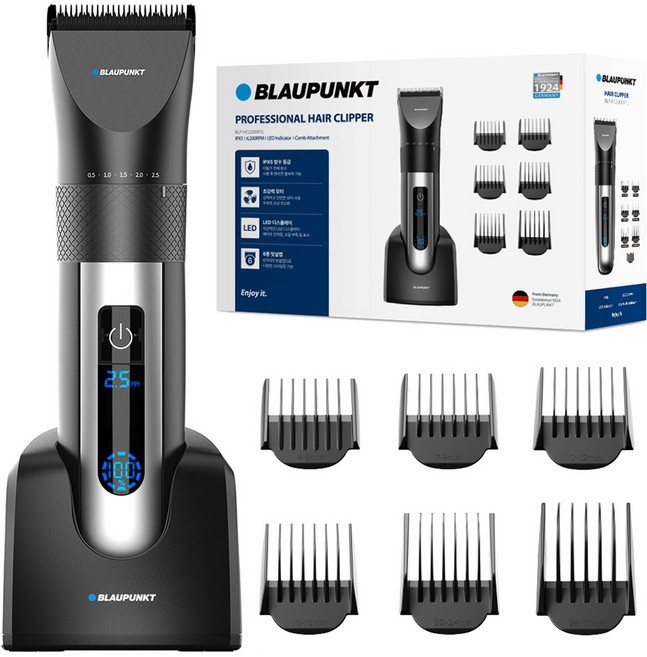 블라우풍트 5단계 초정밀 길이조절 방수 LED 전문가용 이발기 + 충전 거치대 + 6종 빗살캡 세트 BLP-HC2200KYL