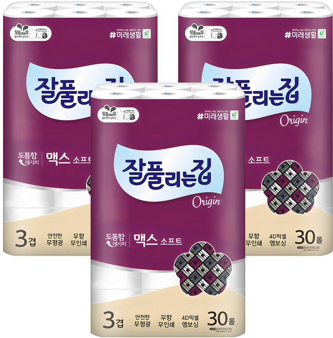 잘풀리는집 맥스 소프트 3겹 롤화장지, 30m, 30롤, 3개