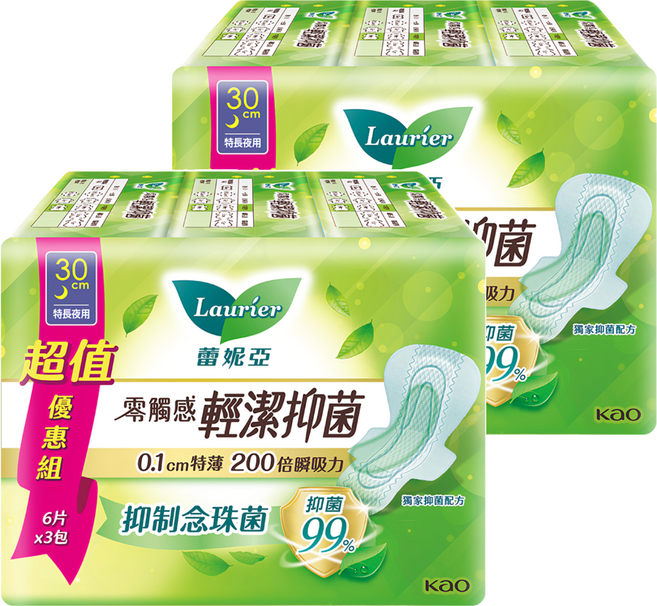 Laurier 蕾妮亞 台灣公司貨 零觸感特薄輕潔抑菌衛生棉 特長夜用型, 30cm, 18片, 2組