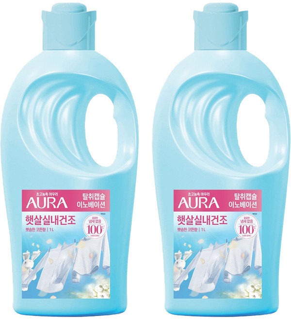 아우라 햇살실내건조 섬유유연제 뽀송한 코튼향 본품, 1L, 2개