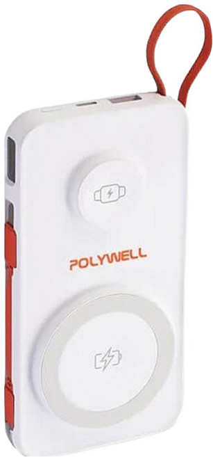 POLYWELL 寶利威爾 多合一磁吸無線充行動電源 10000mah typec, S016P01 / PW15-T16-A027, 白色