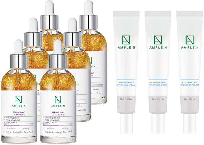 코리아나 앰플엔 펩타이드샷 앰플 대용량 100ml 2개 + 히알루론샷 수분 크림 30ml, 3세트