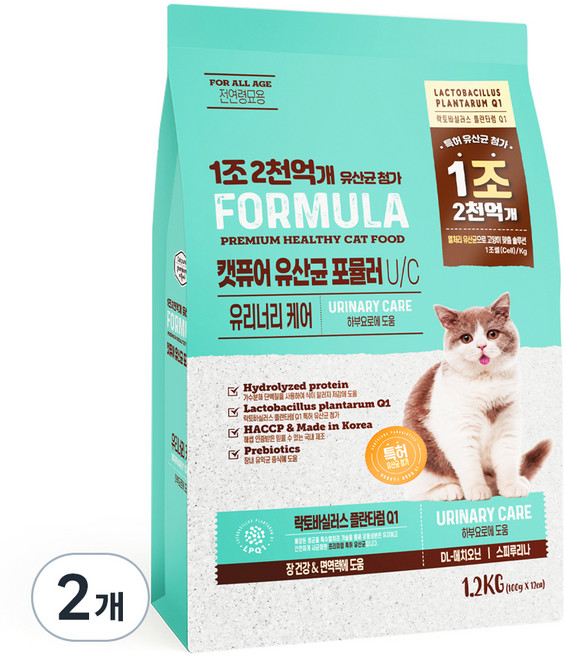캣퓨어 고양이 유산균 포뮬러 기능성 사료, 유리너리+장건강, 1.2kg, 2개