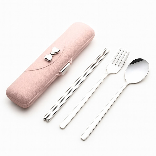 couselect 蝴蝶結304不鏽鋼便攜餐具3件組, 1組, 筷子 + 勺子 + 叉子, 粉紅色