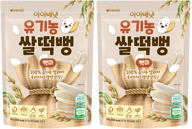 아이배냇 유아용 유기농 쌀떡뻥, 백미, 30g, 2개 - 쿠팡