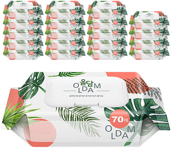 [비건라이프] 올담 몬스테라 아기 물티슈 캡형, 60g, 70매, 20개