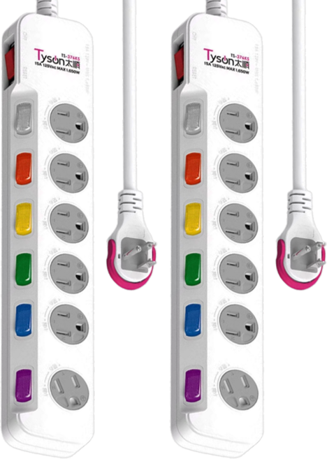 Tyson 太順電業 7切6座3P防塵蓋延長線, 2條, 2.7m, 白色