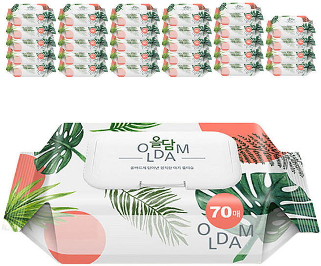 [비건라이프] 올담 몬스테라 아기 물티슈 캡형, 60g, 70매, 40개