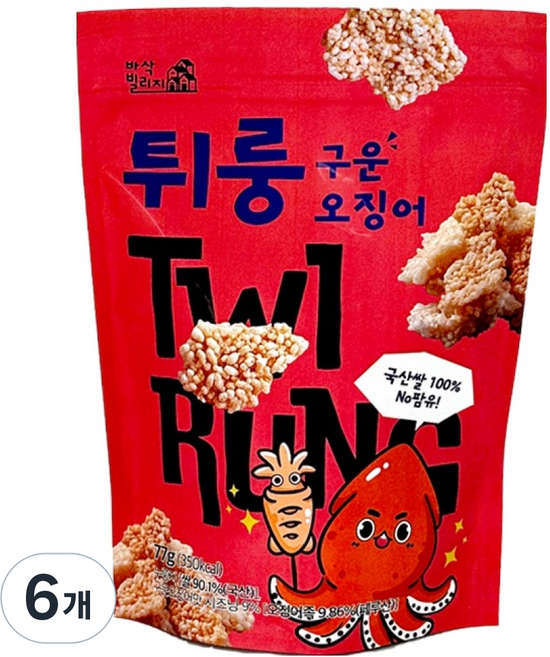 Tturung 鍋巴脆片 烤魷魚, 6個, 77g