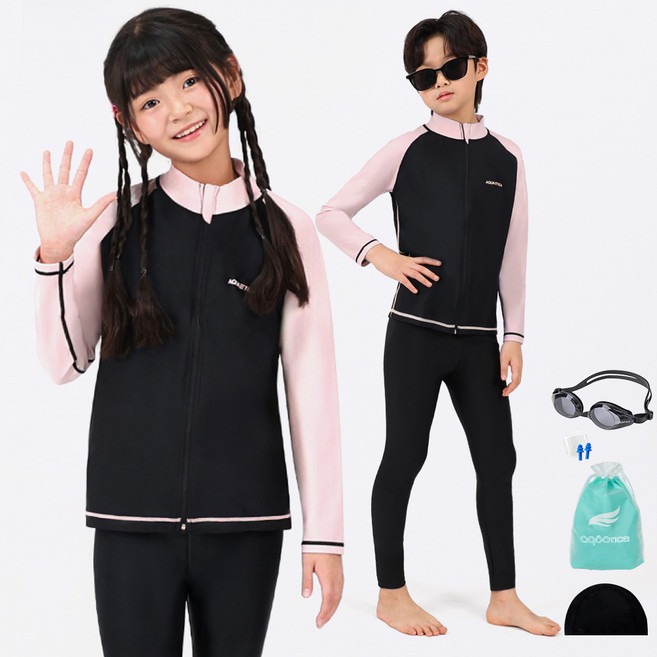 아쿠아티카 아동용 래쉬가드 상하의 + 스판수모 + 비닐백+ 일반용수경 + 실리콘 귀마개 세트 AQAJJ451+415