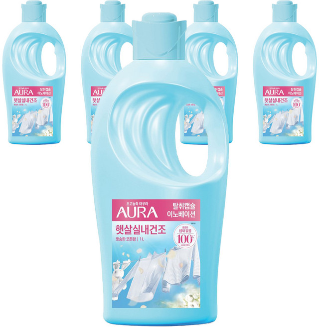 아우라 햇살실내건조 초고농축 섬유유연제 뽀송한 코튼향 본품, 1L, 5개