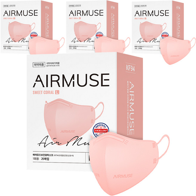 에어뮤즈 보건용 새부리형 마스크 대형 KF94, 25개입, 4개, 스위트 코랄