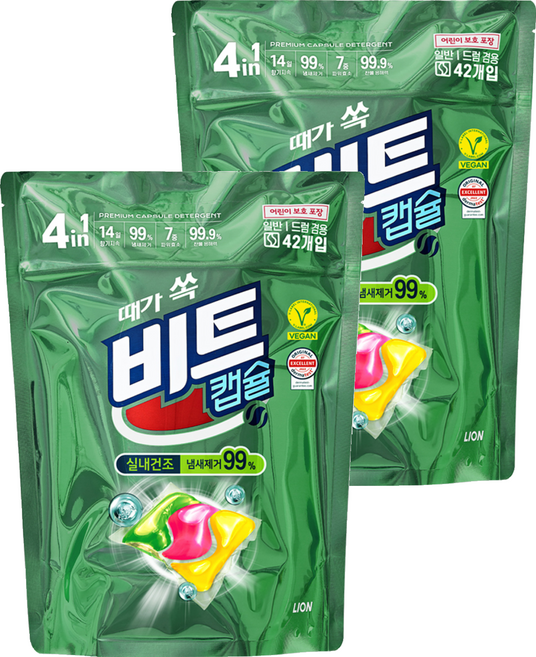 [비건라이프] 비트 실내건조 캡슐세제 그린플로럴향, 42개입, 2개