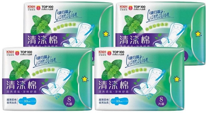 康乃馨 清涼棉衛生棉, 夜用加長型, 8片, 4包