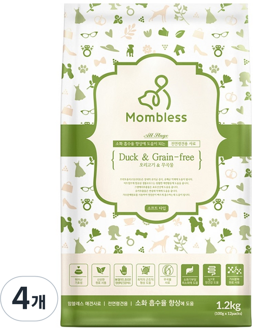 맘블레스 전연령용 강아지 소프트 오리와 무곡물 사료, 소화기능/췌장개선, 1.2kg, 4개