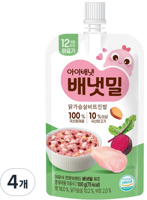배냇밀 아이배냇 완료기 닭가슴살 비트진밥, 100g, 4개, 혼합맛(닭가슴살/비트)
